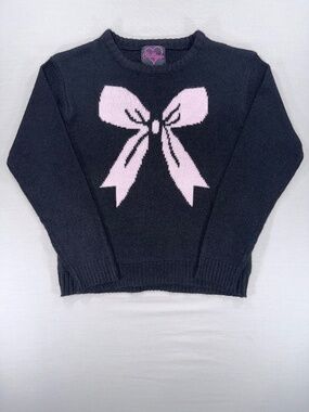 Chillipop Girls Navy Blue Pink Bow Knit Sweater Size 14/16 EUC